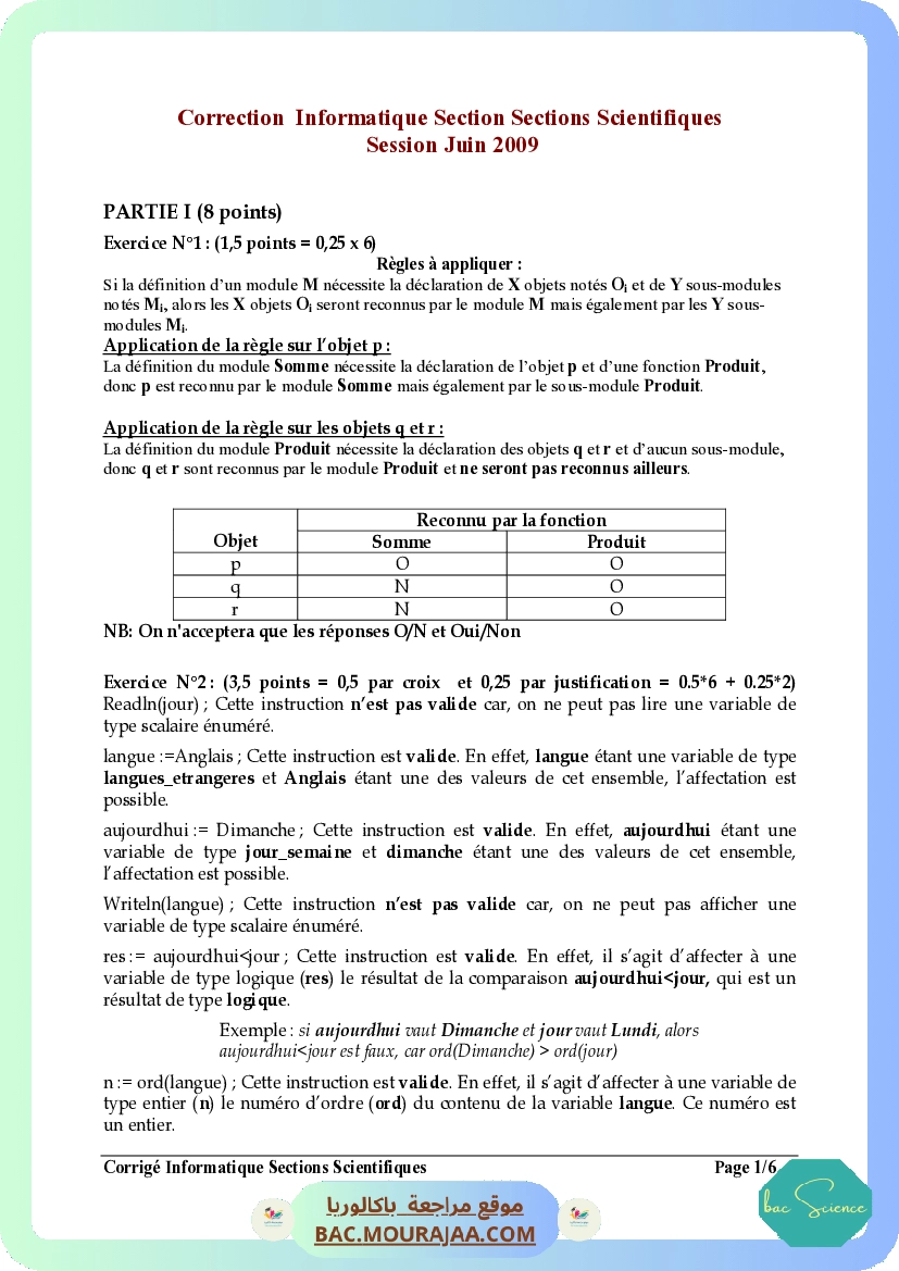 Corrigé principale info Bac 2009 – Section science